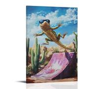 WJHJZQYY Dipinto ad olio con animali di una lucertola con occhiali da sole che fa un trucco su una rampa nel deserto con cactus intorno. Decorazione murale da parete moderna poster artistico da