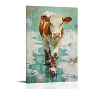 WJHJZQYY Dipinto ad olio con animali di una mucca con gli stivali che cammina attentamente attraverso il sentiero ghiacciato della fattoria su verde pastello. Decorazione murale moderna da appendere