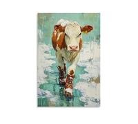 WJHJZQYY Dipinto ad olio con animali di una mucca con gli stivali che cammina attentamente attraverso il sentiero ghiacciato della fattoria su verde pastello. Decorazione murale moderna da appendere