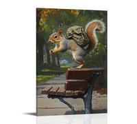 WJHJZQYY Dipinto ad olio con animali di uno scoiattolo con uno zaino che fa un tailgrab sopra una panchina in un quartiere suburbano. Decorazione murale da parete moderna da appendere poster artistico