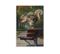 WJHJZQYY Dipinto ad olio con animali di uno scoiattolo con uno zaino che fa un tailgrab sopra una panchina in un quartiere suburbano. Decorazione murale da parete moderna da appendere poster artistico