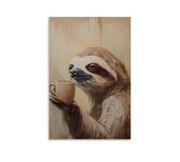 WJHJZQYY Dipinto ad olio con bradipo che sorseggia il caffè lentamente, gli occhi mezzo chiusi, cadenti contro una parete beige. Decorazione murale moderna da appendere poster artistico, 20 x 30 cm