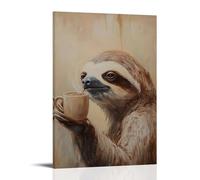 WJHJZQYY Dipinto ad olio con bradipo che sorseggia il caffè lentamente, gli occhi mezzo chiusi, cadenti contro una parete beige. Decorazione murale moderna da appendere poster artistico, 20 x 30 cm