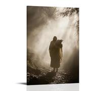 WJHJZQYY Mentre la nebbia si avvicina, Gesù posiziona delicatamente l'agnello sulle spalle e cammina verso la luce che attraversa la luce. Decorazione murale moderna da appendere poster artistico da
