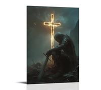 WJHJZQYY Poster decorativo da parete, 40 x 60 cm, motivo: Un cavaliere indossato dalla battaglia si inginocchia davanti a una croce incandescente, la sua spada sepolta nel suolo, occhi sollevati verso