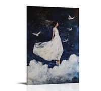 WJHJZQYY Poster decorativo da parete, arte moderna, da appendere, motivo: Mary Walks Across Clouds in seta, i suoi piedi lasciano tracce di polvere di stelle mentre gli uccelli della notte volano