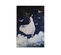 WJHJZQYY Poster decorativo da parete, arte moderna, da appendere, motivo: Mary Walks Across Clouds in seta, i suoi piedi lasciano tracce di polvere di stelle mentre gli uccelli della notte volano