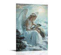 WJHJZQYY Poster decorativo da parete con angelo accanto alla tartaruga marina, sulla riva della creazione, ali e conchiglie brillano sotto un sole pallido, poster artistico da appendere moderno, 30 x