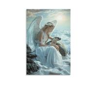 WJHJZQYY Poster decorativo da parete con angelo accanto alla tartaruga marina, sulla riva della creazione, ali e conchiglie brillano sotto un sole pallido, poster artistico da appendere moderno, 40 x