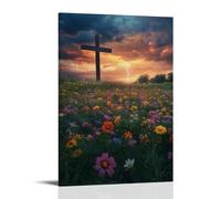 WJHJZQYY Poster decorativo da parete con campo di fiori selvatici e fiocchi verso la croce al crepuscolo mentre il tuono si muove dolcemente in lontananza, poster artistico da appendere moderno, 20 x