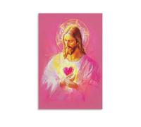 WJHJZQYY Poster decorativo da parete con luce sacra da Gesù cuore su rosa tinta unita - Arte digitale decorativa da parete moderna, 50 x 75 cm