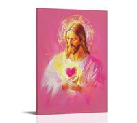 WJHJZQYY Poster decorativo da parete con luce sacra da Gesù cuore su rosa tinta unita - Arte digitale decorativa da parete moderna, 50 x 75 cm