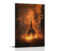 WJHJZQYY Poster decorativo da parete moderno, da appendere, 20 x 30 cm, con un incendio boschivo che brucia intorno a una cappella, ma il suo ripido e la croce rimangono intatte, con luce protettiva