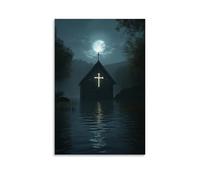 WJHJZQYY Poster decorativo da parete moderno, da appendere, 40 x 60 cm, in una valle allagata, The Only Thing Over Water Is The Chapel's Cross, Glowing Beneath The Moon