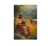 WJHJZQYY Poster decorativo da parete moderno, da appendere, 40 x 60 cm, in una valle tranquilla, con Gesù legge ad alta voce a un cervo che riposa nell'erba alta, le orecchie rivolte verso di lui