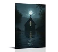 WJHJZQYY Poster decorativo da parete moderno, da appendere, 50 x 75 cm, in una valle allagata, The Only Thing Over Water Is The Chapel's Cross, Glowing Beneath The Moon