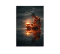 WJHJZQYY Poster decorativo da parete moderno, da appendere, 60 x 90 cm, con un monaco che offre una ciotola d'acqua a Buddha, e il riflesso si illumina con la luce della comprensione