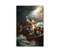 WJHJZQYY Poster decorativo da parete moderno da appendere con Gesù che rimprovera la tempesta con la mano alzata, tuono che si ferma nel cielo centrale mentre le onde cadono ancora intorno ai