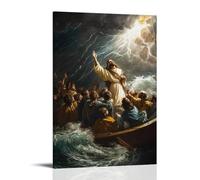 WJHJZQYY Poster decorativo da parete moderno da appendere con Gesù che rimprovera la tempesta con la mano alzata, tuono che si ferma nel cielo centrale mentre le onde cadono ancora intorno ai
