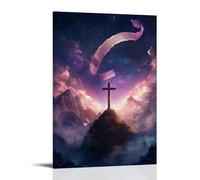 WJHJZQYY Poster decorativo da parete moderno da appendere con una pergamena contenente i Vangeli che galleggia nel cielo sopra una croce di montagna, svelandosi nella luce delle stelle. Poster