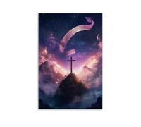 WJHJZQYY Poster decorativo da parete moderno da appendere con una pergamena contenente i Vangeli che galleggia nel cielo sopra una croce di montagna, svelandosi nella luce delle stelle. Poster