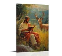WJHJZQYY Poster decorativo da parete moderno da appendere in una valle tranquilla con Gesù che legge ad alta voce a un cervo che riposa nell'erba alta, le orecchie rivolte verso di lui. Poster