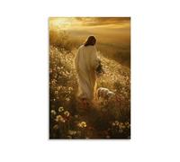 WJHJZQYY Poster decorativo da parete moderno, da appendere, motivo: Gesù cammina a piedi nudi attraverso un deserto di luce, portando un agnello e lasciando fiori che sbocciano sulla sua scia. Poster