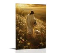 WJHJZQYY Poster decorativo da parete moderno, da appendere, motivo: Gesù cammina a piedi nudi attraverso un deserto di luce, portando un agnello e lasciando fiori che sbocciano sulla sua scia. Poster
