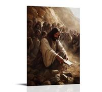 WJHJZQYY Poster decorativo da parete moderno, da appendere, motivo: Gesù scrive nella polvere davanti a una folla furiosa e le pietre nelle loro mani diventano pesanti con senso di colpa. Poster
