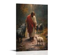 WJHJZQYY Poster decorativo da parete moderno da appendere, motivo: Gesù si ferma al bivio e sceglie il sentiero stretto, l'agnello ai suoi piedi, i lupi che guardano da entrambi i lati. Poster