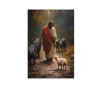 WJHJZQYY Poster decorativo da parete moderno da appendere, motivo: Gesù si ferma al bivio e sceglie il sentiero stretto, l'agnello ai suoi piedi, i lupi che guardano da entrambi i lati. Poster
