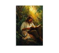 WJHJZQYY Poster decorativo da parete moderno, da appendere, motivo: giaguaro addormentato giace ai piedi di Gesù mentre legge la Scrittura sotto un raggio di sole nella giungla