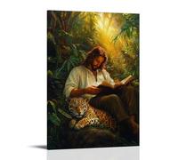 WJHJZQYY Poster decorativo da parete moderno, da appendere, motivo: giaguaro addormentato giace ai piedi di Gesù mentre legge la Scrittura sotto un raggio di sole nella giungla. Poster decorativo da