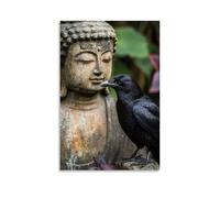 WJHJZQYY Poster decorativo da parete moderno, da appendere, motivo: un corvo atterra accanto a una statua di Buddha stagionato, inclinando la testa come se chiedesse il significato del silenzio