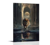 WJHJZQYY Poster decorativo da parete moderno, da appendere, motivo: un leone che attraversa la cattedrale in frantumi, il pavimento che riflette sia la bestia che il paradiso. Poster artistico da