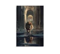 WJHJZQYY Poster decorativo da parete moderno, da appendere, motivo: un leone che attraversa la cattedrale in frantumi, il pavimento che riflette sia la bestia che il paradiso. Poster artistico da