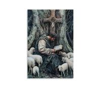 WJHJZQYY Un pastore si inginocchia accanto al suo gregge sotto un albero, con la Bibbia in grembo e una croce scolpita nella corteccia sopra. Decorazione murale moderna da appendere poster artistico