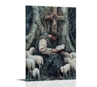 WJHJZQYY Un pastore si inginocchia accanto al suo gregge sotto un albero, con la Bibbia in grembo e una croce scolpita nella corteccia sopra. Decorazione murale moderna da appendere poster artistico