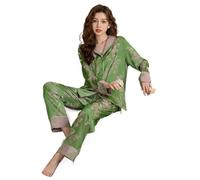 WJLYDM Pigiama da donna con colletto grande, cardigan verde, casa, due pezzi, a maniche lunghe, in seta ghiacciata, primavera e autunno(M(35-45kg))