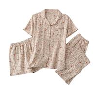 WJLYDM Pigiama Estivo Da Donna, Set 3 Pezzi, In Garza Di Cotone, Notte, Camera, A Maniche Corte, Pantaloni Lunghi + Pantaloncini(Color-04,L)