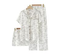 WJLYDM Pigiama Estivo Da Donna, Set 3 Pezzi, In Garza Di Cotone, Notte, Camera, A Maniche Corte, Pantaloni Lunghi + Pantaloncini(Color-01,XL)