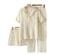 WJLYDM Pigiama Estivo Da Donna, Set 3 Pezzi, In Garza Di Cotone, Notte, Camera, A Maniche Corte, Pantaloni Lunghi + Pantaloncini(Color-16,XL)