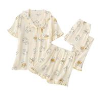 WJLYDM Pigiama Estivo Da Donna, Set 3 Pezzi, In Garza Di Cotone, Notte, Camera, A Maniche Corte, Pantaloni Lunghi + Pantaloncini(Color-06,L)