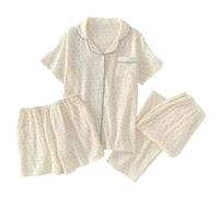 WJLYDM Pigiama Estivo Da Donna, Set 3 Pezzi, In Garza Di Cotone, Notte, Camera, A Maniche Corte, Pantaloni Lunghi + Pantaloncini(Color-02,L)