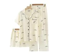 WJLYDM Pigiama Estivo Da Donna, Set 3 Pezzi, In Garza Di Cotone, Notte, Camera, A Maniche Corte, Pantaloni Lunghi + Pantaloncini(Color-14,L)