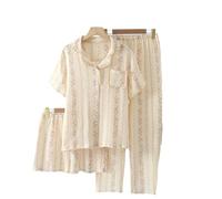 WJLYDM Pigiama Estivo Da Donna, Set 3 Pezzi, In Garza Di Cotone, Notte, Camera, A Maniche Corte, Pantaloni Lunghi + Pantaloncini(Color-15,L)