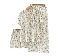 WJLYDM Pigiama Estivo Da Donna, Set 3 Pezzi, In Garza Di Cotone, Notte, Camera, A Maniche Corte, Pantaloni Lunghi + Pantaloncini(Color-13,XL)