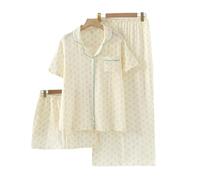 WJLYDM Pigiama Estivo Da Donna, Set 3 Pezzi, In Garza Di Cotone, Notte, Camera, A Maniche Corte, Pantaloni Lunghi + Pantaloncini(Color-12,L)