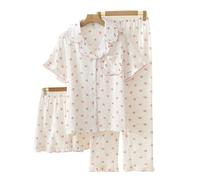 WJLYDM Pigiama Estivo Da Donna, Set 3 Pezzi, In Garza Di Cotone, Notte, Camera, A Maniche Corte, Pantaloni Lunghi + Pantaloncini(Color-10,L)