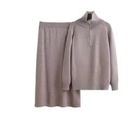 Wjnvfioo Donne Coreano Lana Maglia Due Pezzi Vestito Stand Collo Cerniera Pullover Top Con Chic A Vita Alta Maglia Gonna Set Outfit, cachi, S